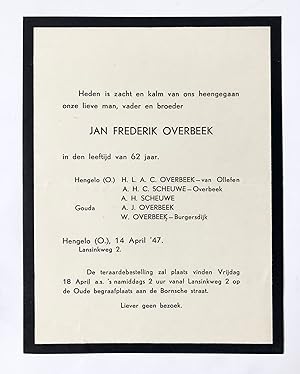 [Printed death announcement 1947] Death announcement for J.F. Overbeek. Hengelo, 1947, 1 p.