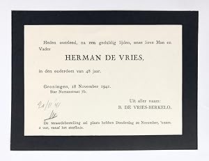 [Printed death announcement 1941] Death announcement for Herman de Vries. Groningen, 1941, 1 p.