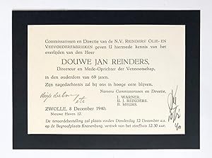 [Printed death announcement 1940] Death announcement for D.W. Reinders. Zwolle, 1940, 1 p.