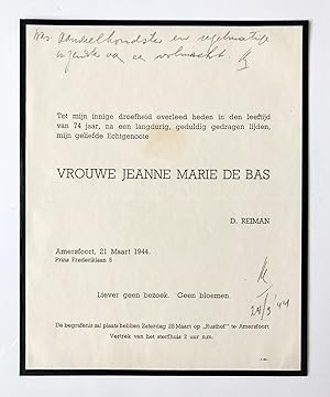 [Printed death announcement 1944] Death announcement for Vrouwe Jeanne Marie (Reiman) de Bas. Ame...