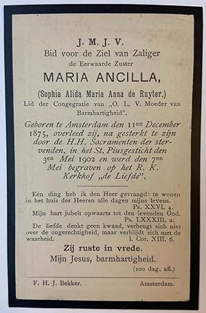 [Prayer card, bidprentje 1902] Prayer card for sister Sophia A.M.A. de Ruyter (1875-1902), 1 p.