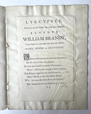 [Funeral poem, 18th century] Funeral poem (Lyk-gedicht, Lyk-cypres) for brother (broeder) William...