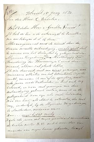 [Manuscript, pharmacy, 1870] Letter by pharmacist (apotheker) J.H. van Meeteren, d.d. Utrecht 187...