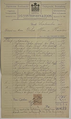 [Receipt 1915] Receipt of bookshop (boekhandel) J.G. van Terveen en Zoon, Oude Gracht, Utrecht, 1...