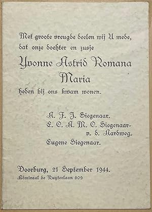 [Birth card 1944] Birth announcement for Yvonne Astrid Romana Maria Siegenaar, Voorburg Admiraal ...