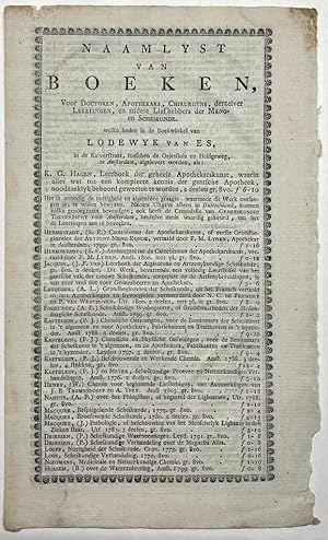 [Medical documents, printed, 1805] Naamlijst van boeken voor doctoren, apothekers, chirurgijns . ...
