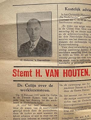 C.D.U., VAN HOUTEN--- Pamflet Christelijk-Democratische Unie, 1937. 1 blad plano gedrukt, 'Stemt ...