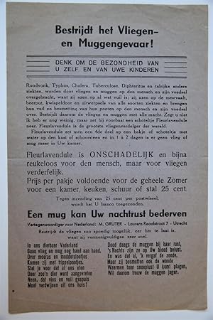 Brochure insects, 20th century I 'Bestrijdt het vliegen- en muggengevaar'. 4°, 1 p.