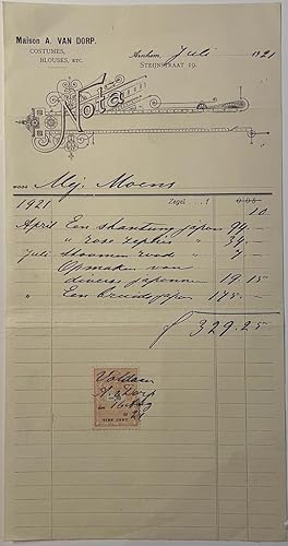 Receipt 1921 | Rekening van A. van Dorp, naaister, Arnhem 1921. 1 p.