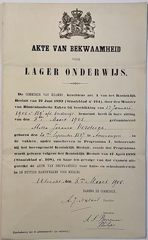 School certificate 1905 | Acte van bekwaamheid lager onderwijs, d.d. Utrecht 1905, voor Aletta Jo...