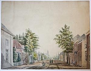 AQUAREL--- Aquarel van een Dorpsstraat met pomp, kerk en personen. 19e eeuws, 28x36 cm. Anoniem.