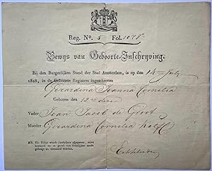 Manuscript birth 1828 | Geboortebewijs voor Gerardina J.C., dochter van Joan Jacob de Groot en Ge...