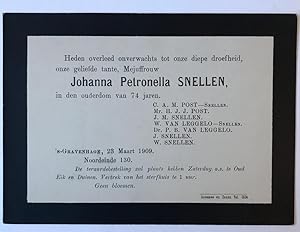 [Printed funeral card 1909] Overlijdenskaart van Johanna P. Snellen, overl. Gravenhage 1909. 8°, ...