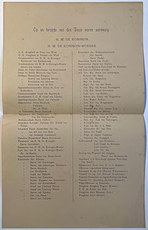 Printed document Dutch royals 1898 | 'Op en terzijde van den troon waren aanwezig:' Inhuldiging W...