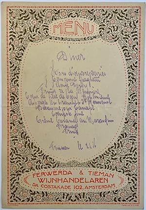 Menucard, gastronomy 1916 | Menu, Ferwerda & Tieman, wijnhandelaren, Da Costakade 102 Amsterdam 1...
