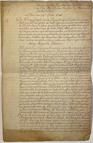 Manuscript 1746 | Extract uit secrete resolutien Staten Generaal 21-2-1746, betr. aantekening van...