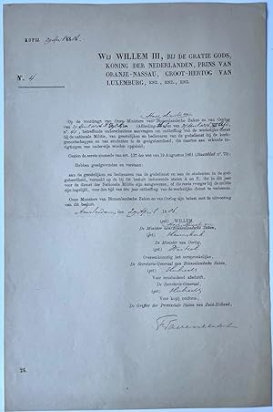 Printed document legal | Besluit Willem III d.d. 29-4-1886 betr. 1 jaar ontheffing van militaire ...