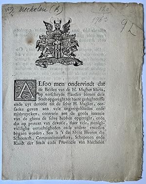 Pamphlet Belgium 1763 | Publicatie van stadsbestuur Mechelen in Belgie d.d. 5-9-1763 betr. beelde...