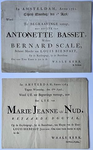 Funeral cards 1781 | Two invitations for the funeral of Antonette (Antoinette) Basset, wed. Berna...