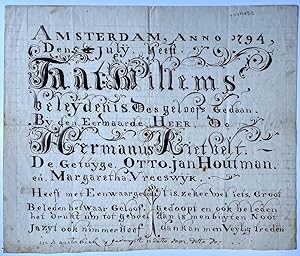 Calligraphy 1794 | Gecalligrafeerd blad, 18x22 cm., betr. belijdenis van Mat. Willems, d.d. Amste...