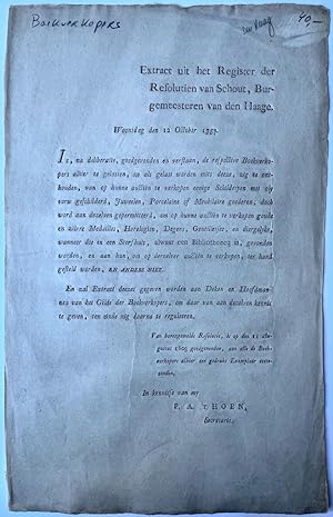 Book history The Hague 1757 | Resolutie stadsbestuur Gravenhage 12-10-1757 betr. de boekverkopers...
