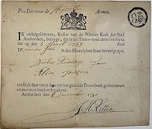 Printed marriage document 1789 | Uittreksel trouwboek Nieuwe Kerk Amsterdam d.d. 3-3-1789 betr. h...