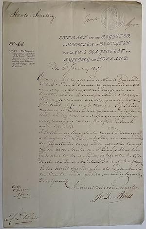 Manuscript 1807 | Extract Decreten Lodewijk Napoleon d.d. 6-1-1807 betr. afwijzing verzoeken om p...