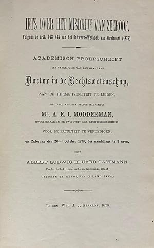 [Dissertation 1878] Iets over het misdrijf van zeeroof. Volgens art. 443-447 van het ontwerp Wetb...