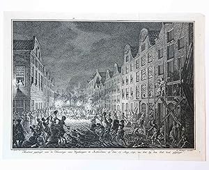 Prent: 'Moedwil gepleegd aen de huizinge eens wijnkoopers te Rotterdam, op den 17 Aug. 1751, na d...