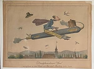 [Antique handcolored satirical lithography, plm 1845] Antique print of flying rocket with a man o...