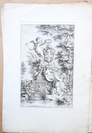 Fraai geëtst blad, 29x19 cm met een allegorische voorstelling van engelen met de familiewapens Pe...