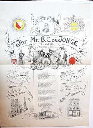 Image du vendeur pour Prent voor het promotiediner van Jhr Mr B.C. de Jonge in het Oranje Hotel te Scheveningen, litho J.A. Moesman Utrecht J.A.Moesman 1900. mis en vente par Antiquariaat Arine van der Steur / ILAB