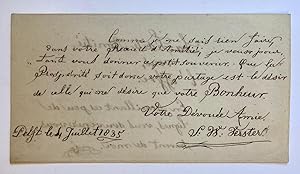 [Album Amicorum leave, 1835] Blaadje uit een album amicorum, dd. Delft 1835, ondertekend S.W. Ver...