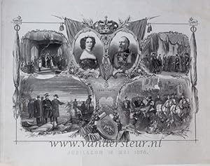 Bild des Verkufers fr JUBILAEUM 12 MEI 1874. Staalgravure, 52x56cm. Gedenkplaat ter gelegenheid van het 25-jarig regeringsjubileum van Koning Willem III op 12 mei 1874. Naar beeltenissen van J.H. Otterbeek, H.F.C. ten Kate en CH. Roggessen, 1874. zum Verkauf von Antiquariaat Arine van der Steur / ILAB