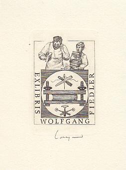 Exlibris für Wolfgang Fiedler. Motiv: Buchdrucker/Buchbinder mit Buch in der Hand, daneben Lehrli...