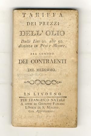 Tariffa dei prezzi dell'olio. Dalle lire 21 alle 50. Distinta in pesi e misure. Per comodo dei co...