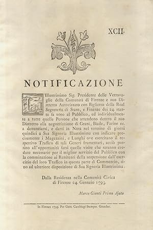 "Motuproprio". L'Illustrissimo Sig. Presidente delle Vettovaglie della Comunità di Firenze e suo ...