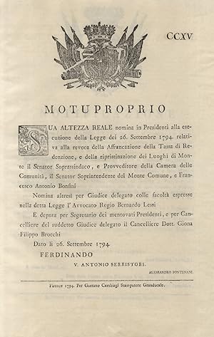 "Notificazione". Ferdinando III. Principe Reale di Ungheria, e di Boemia, Arciduca d'Austria. Dec...