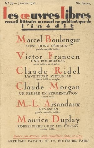 Oeuvres (Les) libres. Recueil littéraire mensuel ne publiant que de l'inédit. N. 79. Janvier 1928...