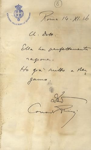 Lettera manoscritta autografa, su una facciata (foglio di piccolo formato intestato: "Ministero d...