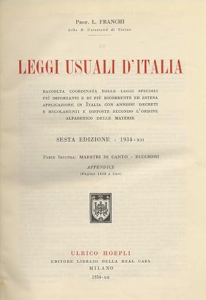 Bild des Verkufers fr Leggi usuali d'Italia. VI edizione. Unito supplemento al 1 gennaio 1938. zum Verkauf von Libreria Oreste Gozzini snc