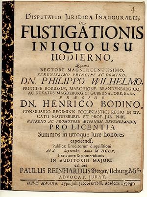 Imagen del vendedor de Juristische Inaugural-Disputation. De fustigationis iniquo usu hodierno. a la venta por Wissenschaftliches Antiquariat Kln Dr. Sebastian Peters UG