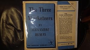 Immagine del venditore per Three Musketeers, The ,334 Titles mentioned on DJ VERSO, French classic novel. In ENGLISH. in blue bordered fleur-de-lys design DJ WITH REPEATED RED SYMBOL & 3 MUSAKETEERES IN BEIGE BOX ALL STANDING WITH HATS & SWORDS, Tilted in red & Black, venduto da Bluff Park Rare Books