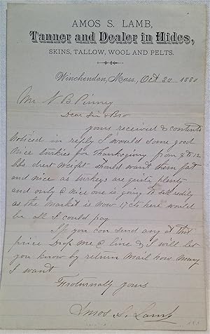 [Thanksgiving] 1880 Massachusetts Letter Regarding Turkeys to Sell for Thanksgiving Amos S. Lamb,...