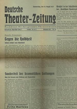 Bild des Verkufers fr Deutsche Theater-Zeitung. Fachblatt fr das gesamte Theaterwesen. Jahrgang 1937, Nr. 91 vom 10. August 1937. zum Verkauf von Antiquariat Carl Wegner