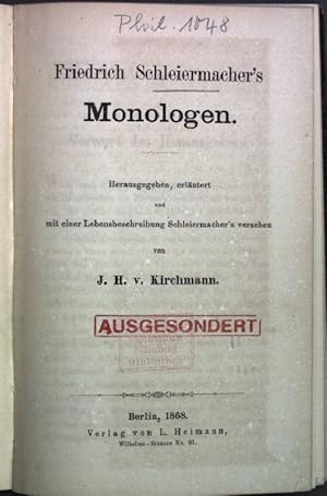 Bild des Verkufers fr Friedrich Schleiermacher's Monologen. zum Verkauf von books4less (Versandantiquariat Petra Gros GmbH & Co. KG)