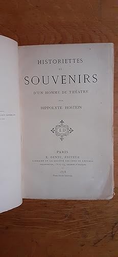 Bild des Verkufers fr HISTORIETTES ET SOUVENIRS D'UN HOMME DE THATRE. zum Verkauf von Librairie Sainte-Marie