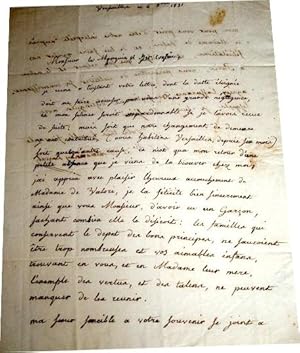 Lettre autographe signéee Comtesse de MONTMORENCY-LAVAL au Marquis de VALORI. félicitation pour l...