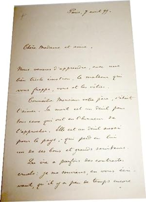 Lettre autographe signée de Georges RIVOLLET. A une dame au sujet du décès de son père.