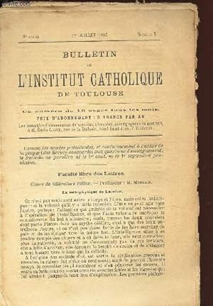 Seller image for BULLETIN DE L'INSTITUT CATHOLIQUE DE TOULOUSE - 8e anne - 1er juillet 1887 - N7 / FACULTE LIBRE DES LETTRES : LA METAPHYSIQUE DE LUCRECE. for sale by Le-Livre